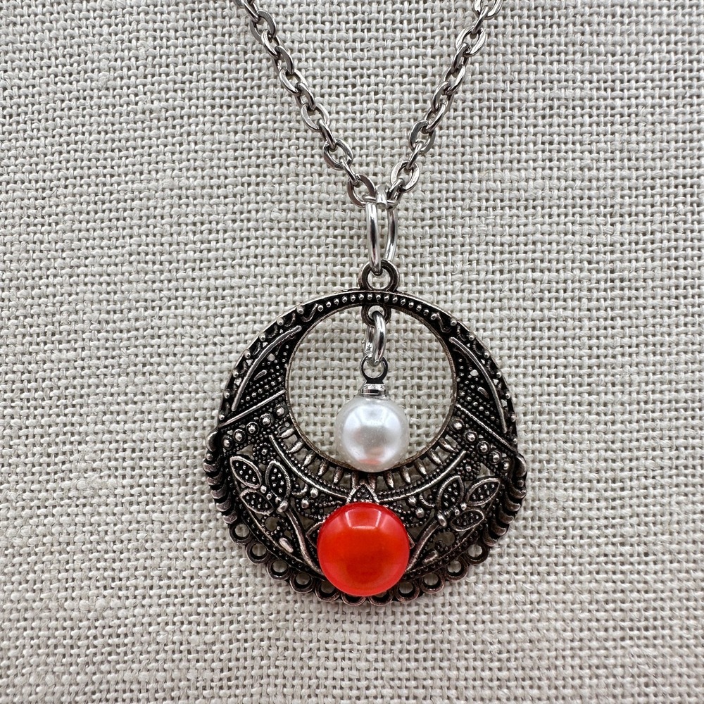 Vintage 80s Filigree Crescent Pendant Necklace Red Cabochon Pearl Accent Jewelry